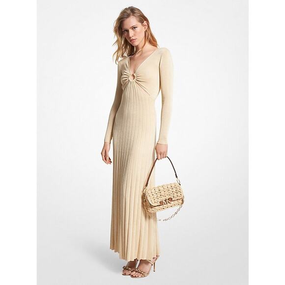 NWT MICHAEL Michael Kors Shimmery Gold Knit Ribbed Dress Size Small & Large - Picture 1 of 7